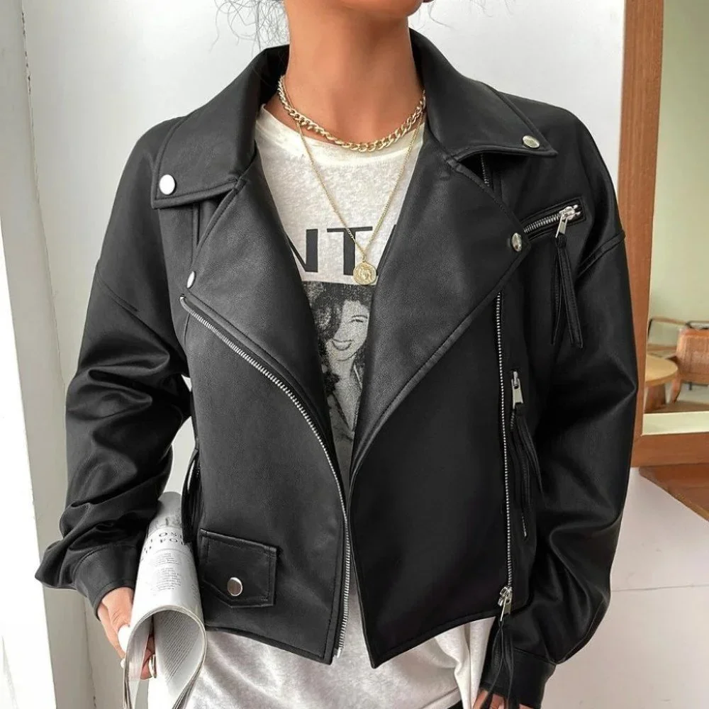 BLACK PU LEATHER ZIPPER BIKER JACKET - Picture 2 of 6